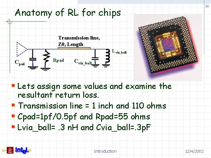 36 Anatomy of RL for chips Transmission line, Z 0, Length L via_ball Cpad