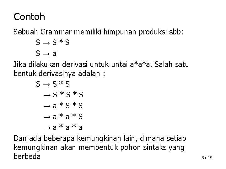 Contoh Sebuah Grammar memiliki himpunan produksi sbb: S→S*S S→a Jika dilakukan derivasi untuk untai