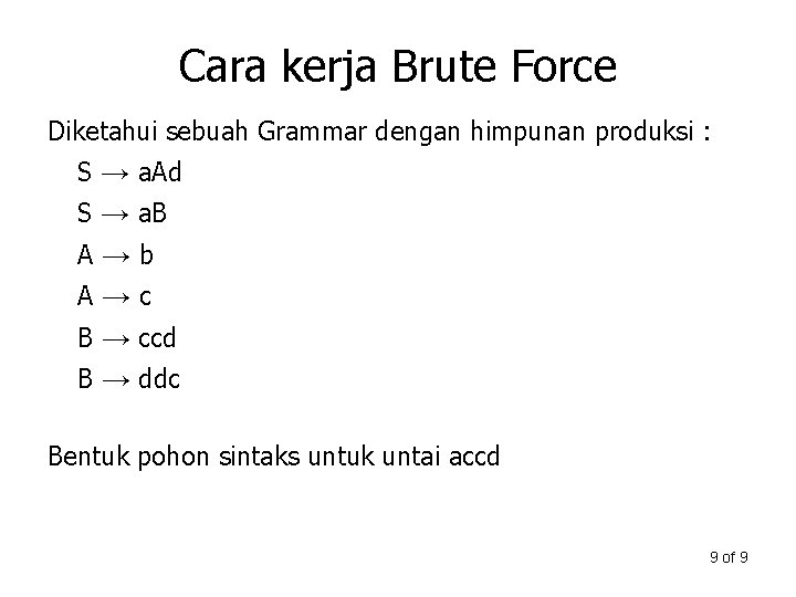 Cara kerja Brute Force Diketahui sebuah Grammar dengan himpunan produksi : S → a.