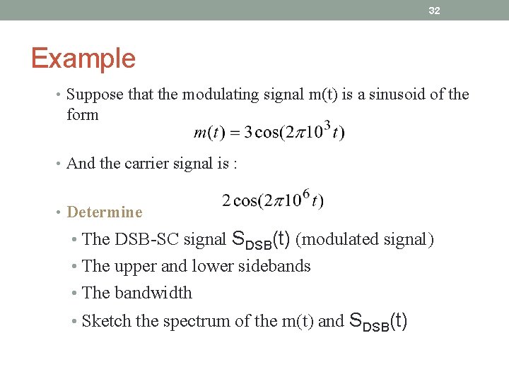 32 Example • Suppose that the modulating signal m(t) is a sinusoid of the