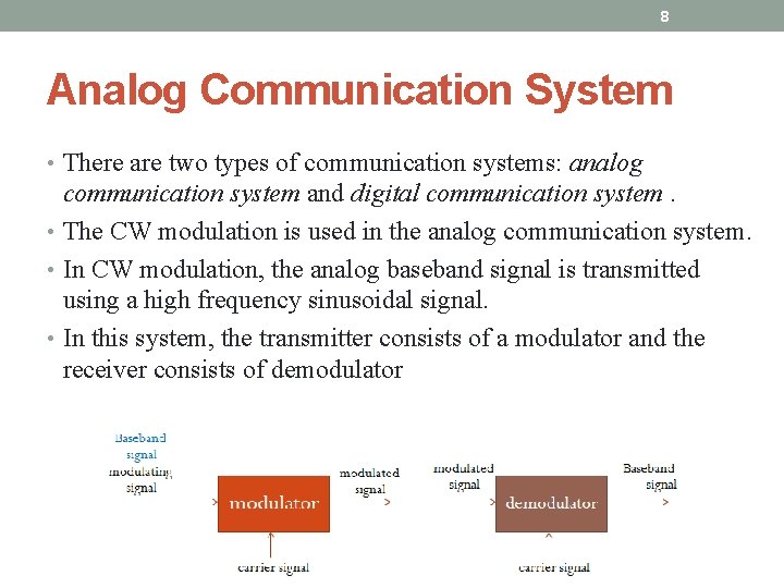 8 Analog Communication System • There are two types of communication systems: analog communication