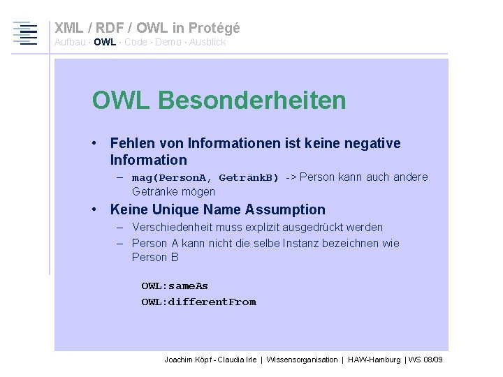 XML / RDF / OWL in Protégé Aufbau · OWL · Code · Demo