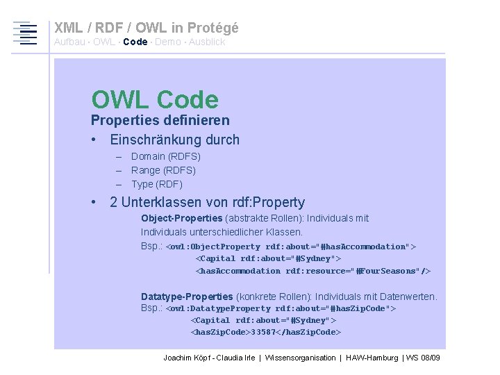XML / RDF / OWL in Protégé Aufbau · OWL · Code · Demo