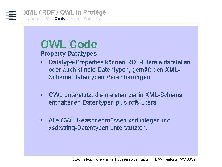 XML / RDF / OWL in Protégé Aufbau · OWL · Code · Demo