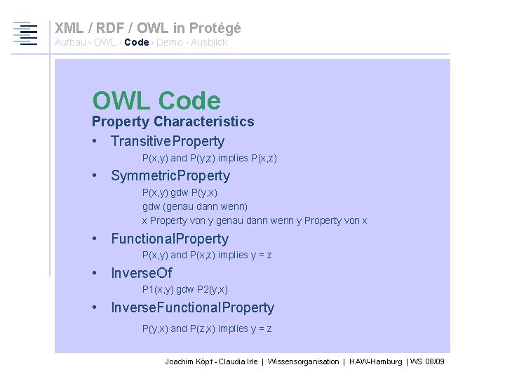 XML / RDF / OWL in Protégé Aufbau · OWL · Code · Demo