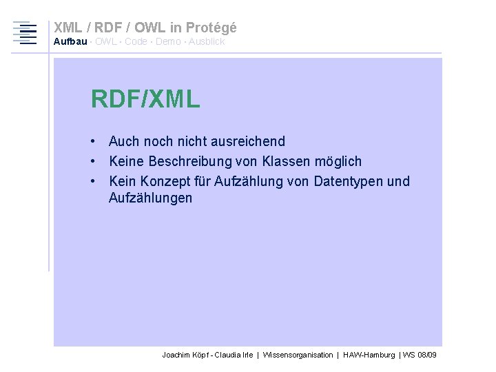 XML / RDF / OWL in Protégé Aufbau · OWL · Code · Demo
