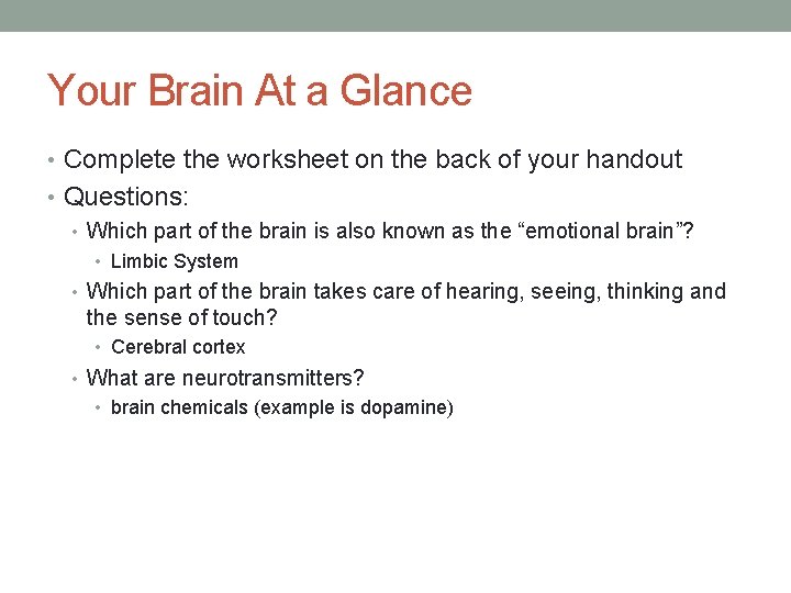 Your Brain At a Glance • Complete the worksheet on the back of your