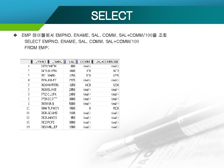 SELECT v EMP 테이블에서 EMPNO, ENAME, SAL, COMM, SAL+COMM/100을 조회 SELECT EMPNO, ENAME, SAL,