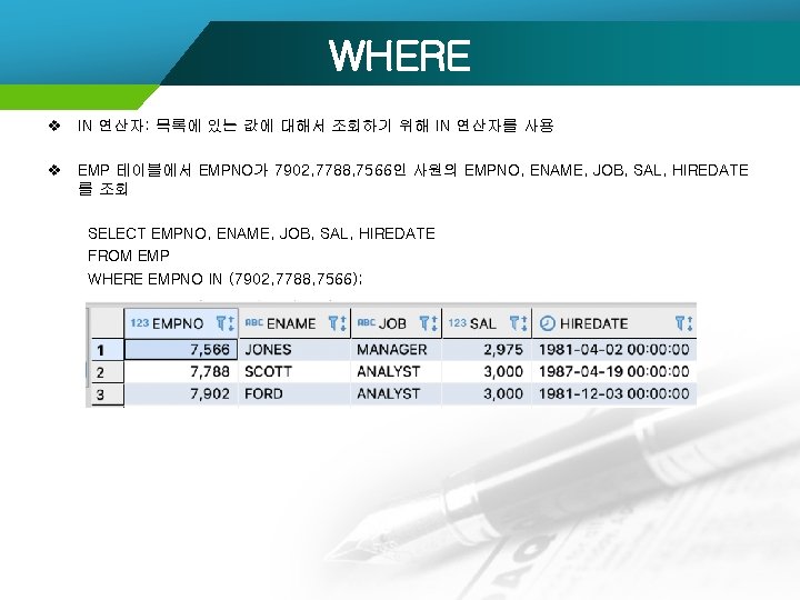 WHERE v IN 연산자: 목록에 있는 값에 대해서 조회하기 위해 IN 연산자를 사용 v