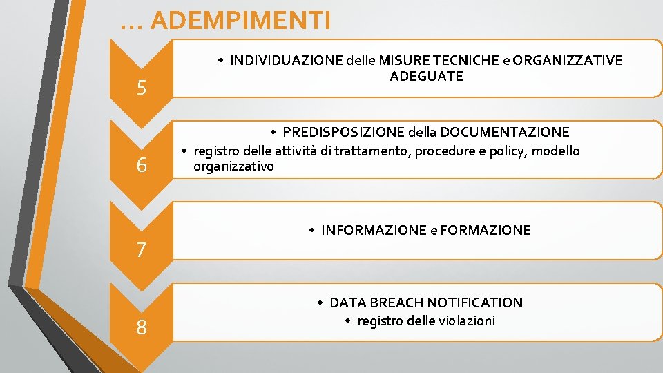 … ADEMPIMENTI 5 6 7 8 • INDIVIDUAZIONE delle MISURE TECNICHE e ORGANIZZATIVE ADEGUATE