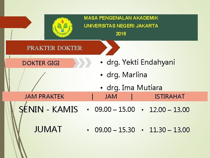 MASA PENGENALAN AKADEMIK UNIVERSITAS NEGERI JAKARTA 2016 PRAKTER DOKTER • drg. Yekti Endahyani DOKTER