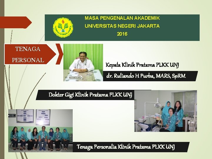 MASA PENGENALAN AKADEMIK UNIVERSITAS NEGERI JAKARTA 2016 TENAGA PERSONAL Kepala Klinik Pratama PLKK UNJ