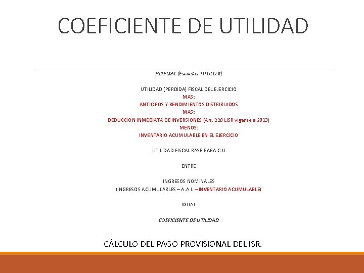COEFICIENTE DE UTILIDAD ESPECIAL (Escuelas TITULO II) UTILIDAD (PERDIDA) FISCAL DEL EJERCICIO MAS: ANTICIPOS