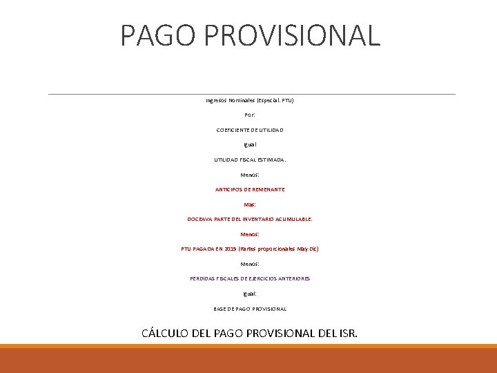 PAGO PROVISIONAL Ingresos Nominales (Especial. PTU) Por: COEFICIENTE DE UTILIDAD Igual UTILIDAD FISCAL ESTIMADA.