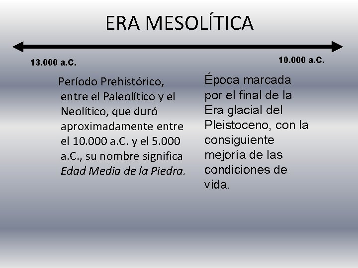 ERA MESOLÍTICA 13. 000 a. C. Período Prehistórico, entre el Paleolítico y el Neolítico,