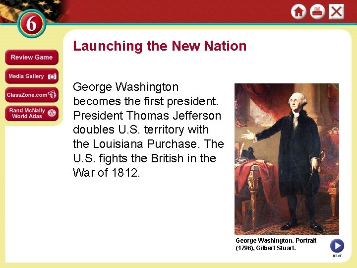 Launching the New Nation George Washington becomes the first president. President Thomas Jefferson doubles