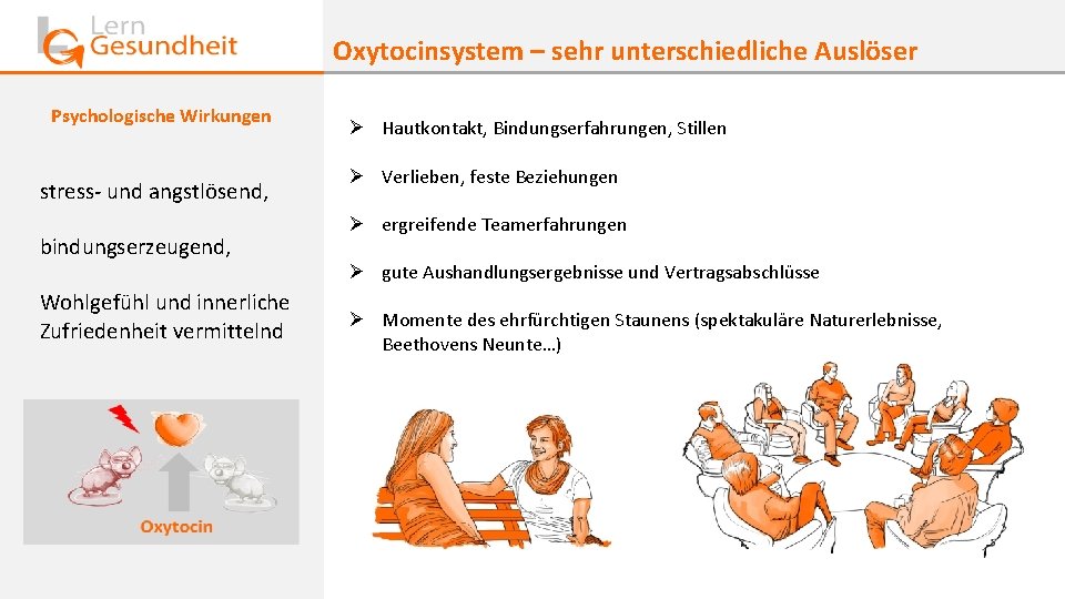 Oxytocinsystem – sehr unterschiedliche Auslöser Psychologische Wirkungen stress- und angstlösend, bindungserzeugend, Wohlgefühl und innerliche Oxytocinsystem – sehr unterschiedliche Auslöser Psychologische Wirkungen stress- und angstlösend, bindungserzeugend, Wohlgefühl und innerliche