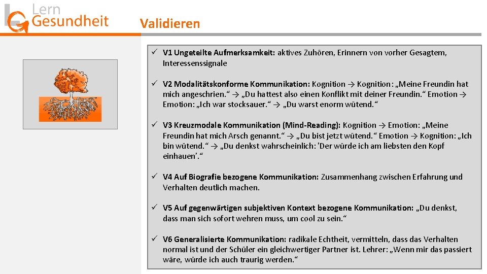 Validieren ü V 1 Ungeteilte Aufmerksamkeit: aktives Zuhören, Erinnern vorher Gesagtem, Interessenssignale ü V Validieren ü V 1 Ungeteilte Aufmerksamkeit: aktives Zuhören, Erinnern vorher Gesagtem, Interessenssignale ü V
