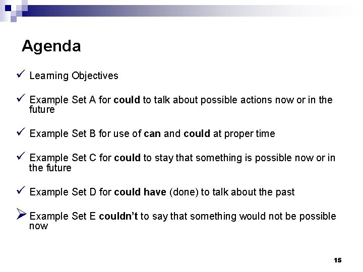 Agenda ü Learning Objectives ü Example Set A for could to talk about possible