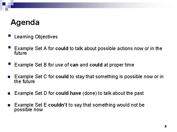 Agenda § § § Learning Objectives Example Set A for could to talk about