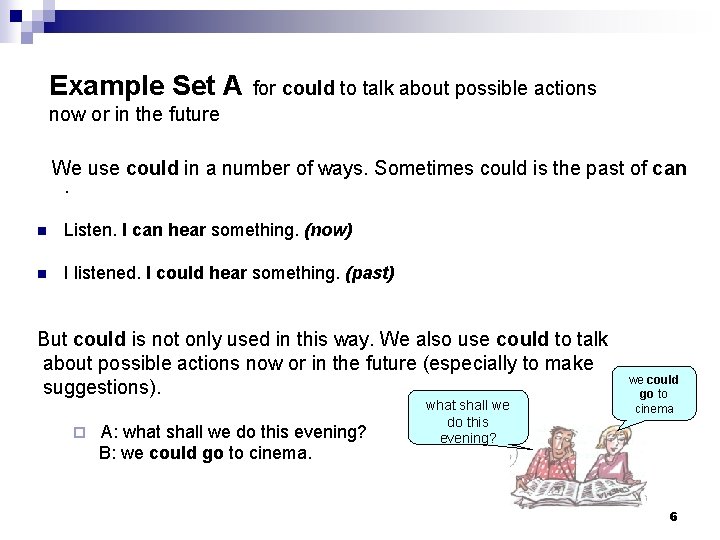 Example Set A for could to talk about possible actions now or in the