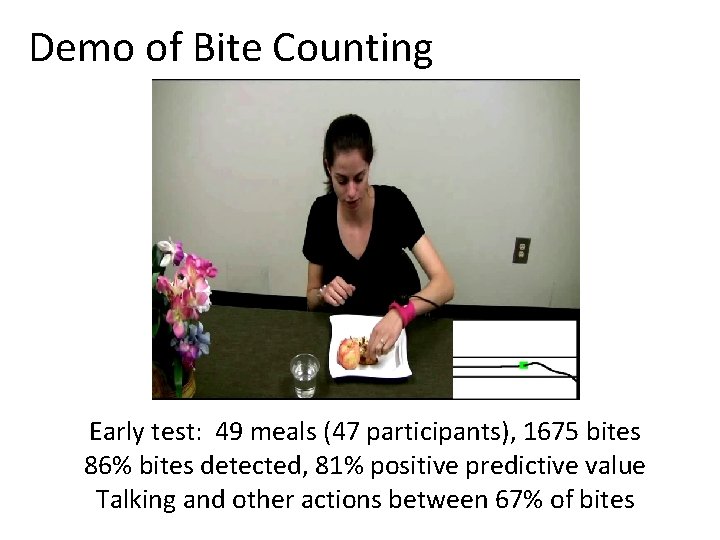 Demo of Bite Counting Early test: 49 meals (47 participants), 1675 bites 86% bites