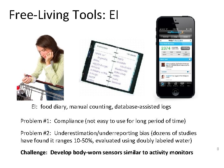 Free-Living Tools: EI EI: food diary, manual counting, database-assisted logs Problem #1: Compliance (not