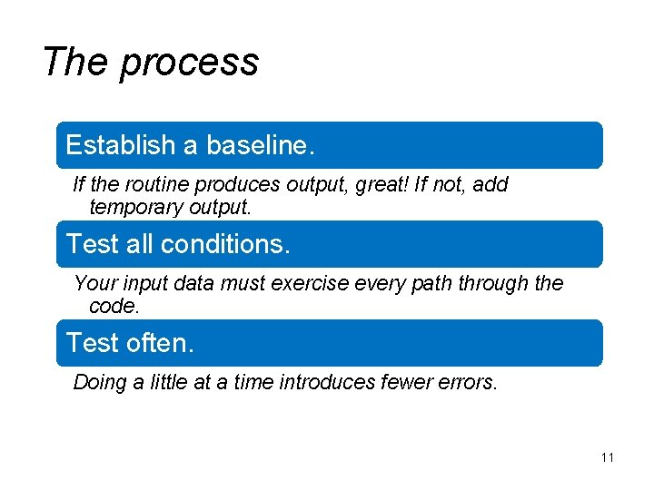 The process Establish a baseline. If the routine produces output, great! If not, add