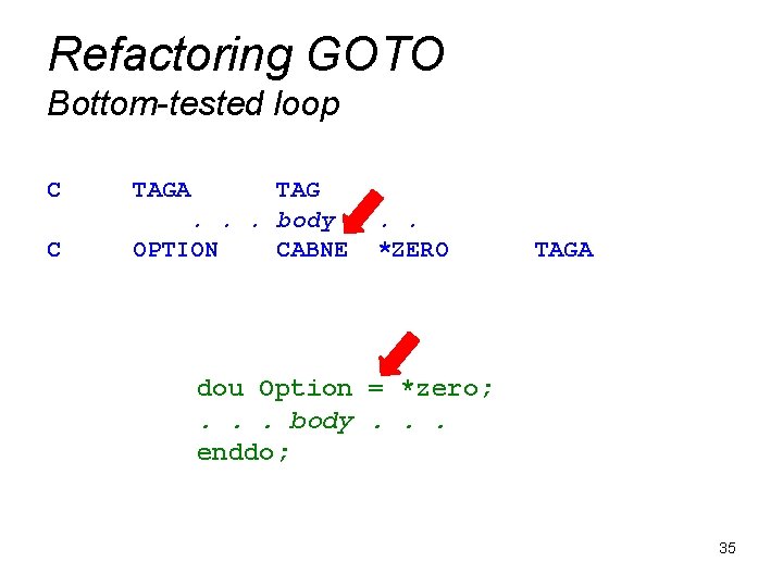 Refactoring GOTO Bottom-tested loop C C TAGA TAG. . . body. . . OPTION