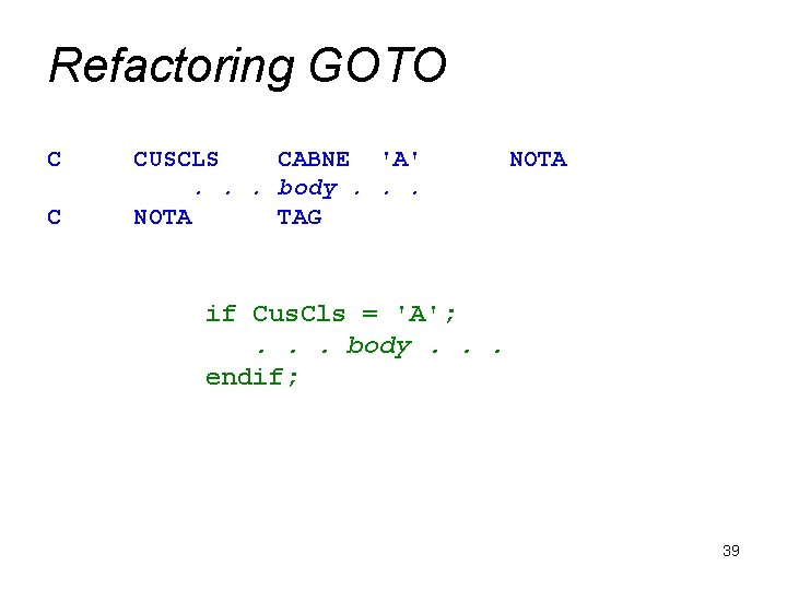 Refactoring GOTO C C CUSCLS CABNE 'A'. . . body. . . NOTA TAG