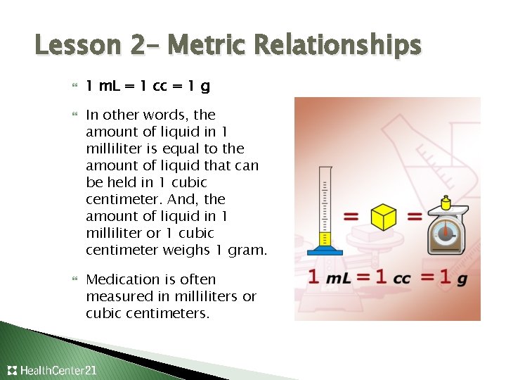 Lesson 2– Metric Relationships 1 m. L = 1 cc = 1 g In