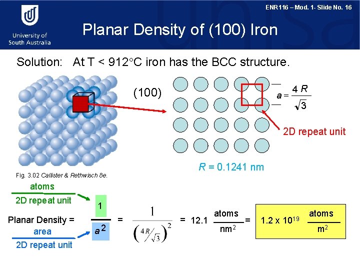 ENR 116 – Mod. 1 - Slide No. 16 Planar Density of (100) Iron