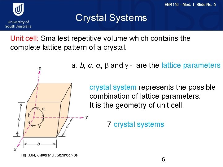 ENR 116 – Mod. 1 - Slide No. 5 Crystal Systems Unit cell: Smallest