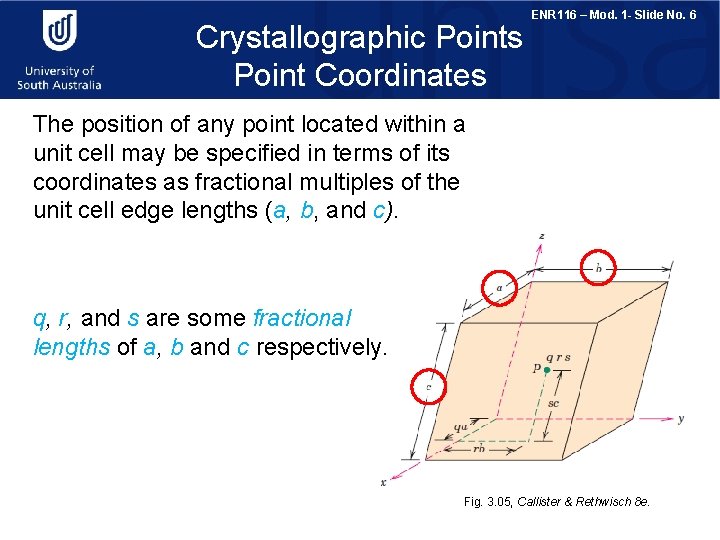 Crystallographic Points Point Coordinates ENR 116 – Mod. 1 - Slide No. 6 The