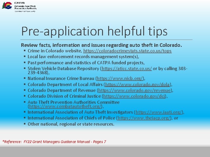 Pre-application helpful tips Review facts, information and issues regarding auto theft in Colorado. §