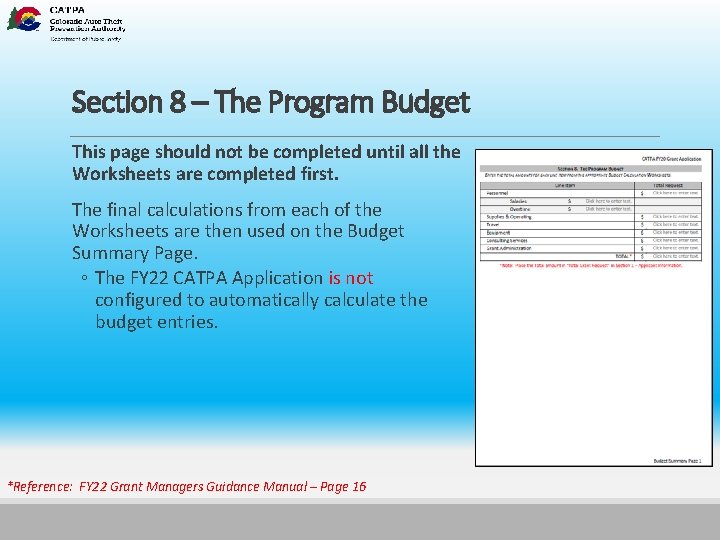 Section 8 – The Program Budget This page should not be completed until all