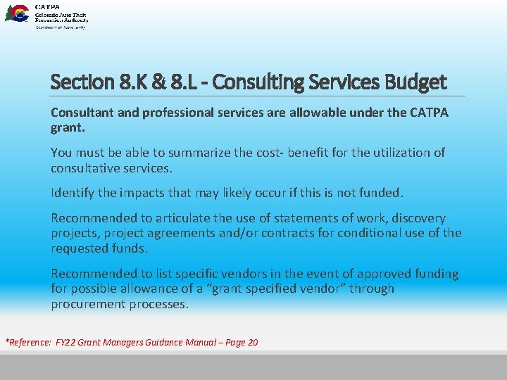 Section 8. K & 8. L - Consulting Services Budget Consultant and professional services