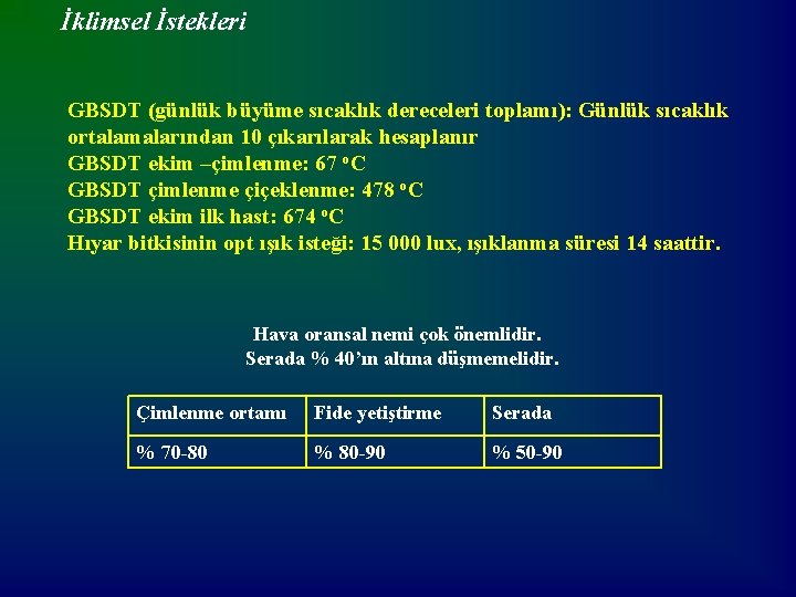 İklimsel İstekleri GBSDT (günlük büyüme sıcaklık dereceleri toplamı): Günlük sıcaklık ortalamalarından 10 çıkarılarak hesaplanır