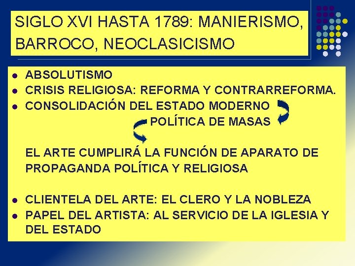 SIGLO XVI HASTA 1789: MANIERISMO, BARROCO, NEOCLASICISMO l l l ABSOLUTISMO CRISIS RELIGIOSA: REFORMA