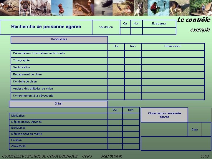 Recherche de personne égarée Oui Non Évaluateur Le contrôle Validation exemple Conducteur Oui Non