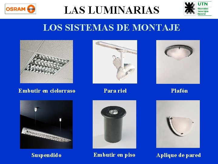 LAS LUMINARIAS LOS SISTEMAS DE MONTAJE Embutir en cielorraso Para riel Plafón Suspendido Embutir