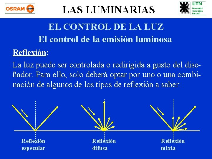 LAS LUMINARIAS EL CONTROL DE LA LUZ El control de la emisión luminosa Reflexión: