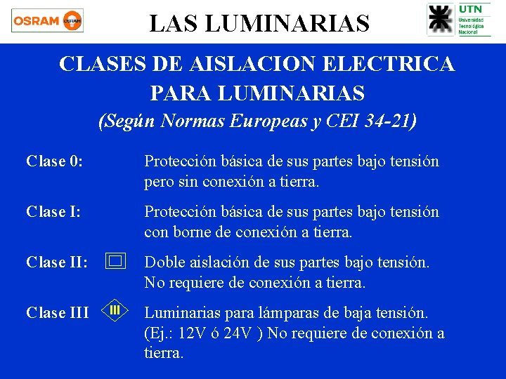 LAS LUMINARIAS CLASES DE AISLACION ELECTRICA PARA LUMINARIAS (Según Normas Europeas y CEI 34