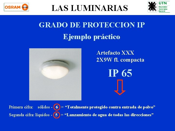 LAS LUMINARIAS GRADO DE PROTECCION IP Ejemplo práctico Artefacto XXX 2 X 9 W