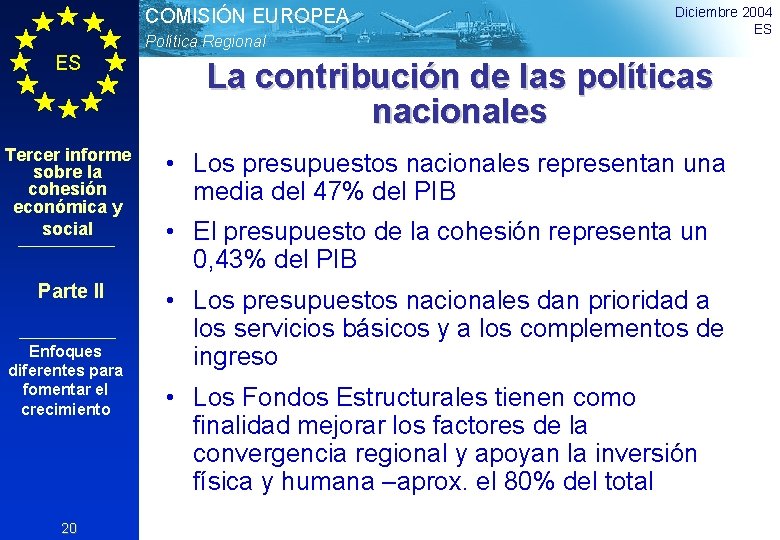 COMISIÓN EUROPEA Política Regional ES Diciembre 2004 ES La contribución de las políticas nacionales