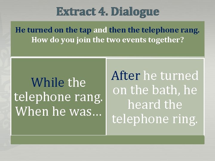 Extract 4. Dialogue He turned on the tap and then the telephone rang. How