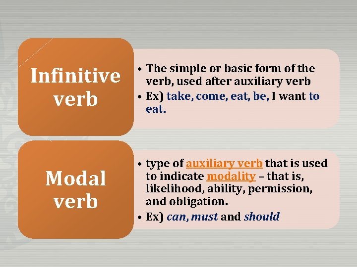 Infinitive verb Modal verb • The simple or basic form of the verb, used