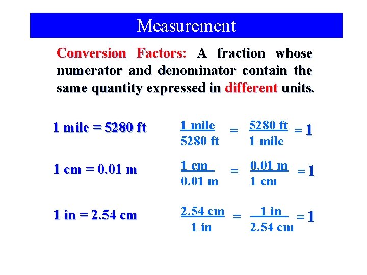 Measurement Conversion Factors: A fraction whose numerator and denominator contain the same quantity expressed