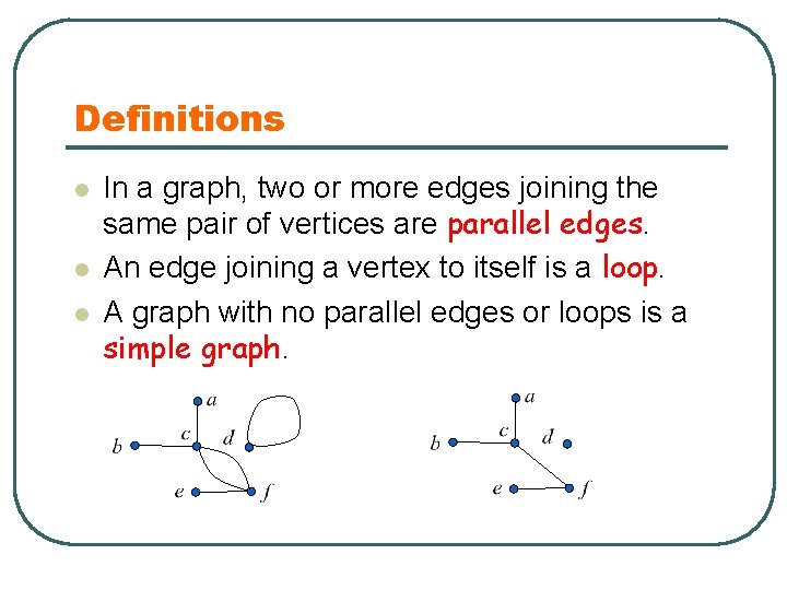 Definitions l l l In a graph, two or more edges joining the same