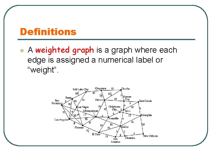 Definitions l A weighted graph is a graph where each edge is assigned a